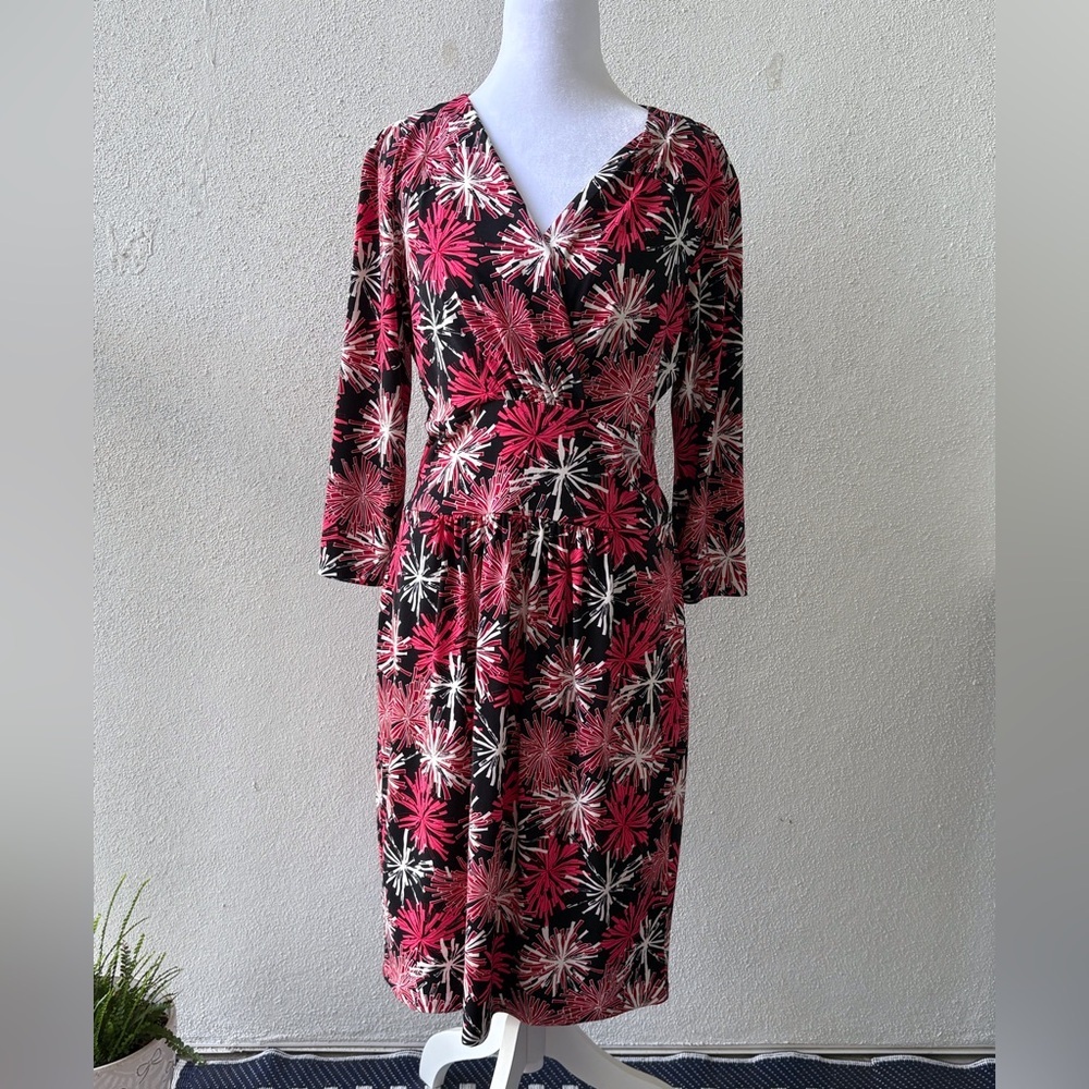 Talbots Firework Print Dress‎ Size 10P V-Neck 3/4 Sleeves Office Cruise Party